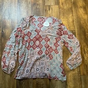 Cotton Bleu Women's Blouse V Neck‎ Ruffle Shoulder Large Long Sleeve Flowy NWT